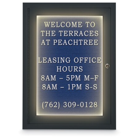 United Visual Products 18"x24" 1-Door Enclosed Outdoor Letterboard, Header, Blue Felt/Black UV1186HD-BLACK-BLUE